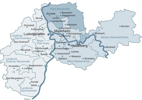 Karte des Rhein-Neckar-Kreises mit Städten wie Mannheim, Heidelberg und Ludwigshafen – regionaler Immobilienmarkt im Überblick